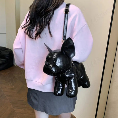 Messenger Bag PU Leather Adjustable Strap Shoulder Bag for Men Women Bulldog Shaped Crossbody Bag with Zipper Satchel Purse