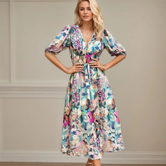 Beach Vacation Casual Floral Dresses Spring Summer New Fashion Lantern Sleeve Chiffon Long Dress French Gentle Slim Fit Sundress