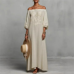 Vacation Elegant One Shoulder Linen Dress 2026 Sexy Backless Loose Bohemian Dress Fashion Print Long Sleeves Long Party Dresses