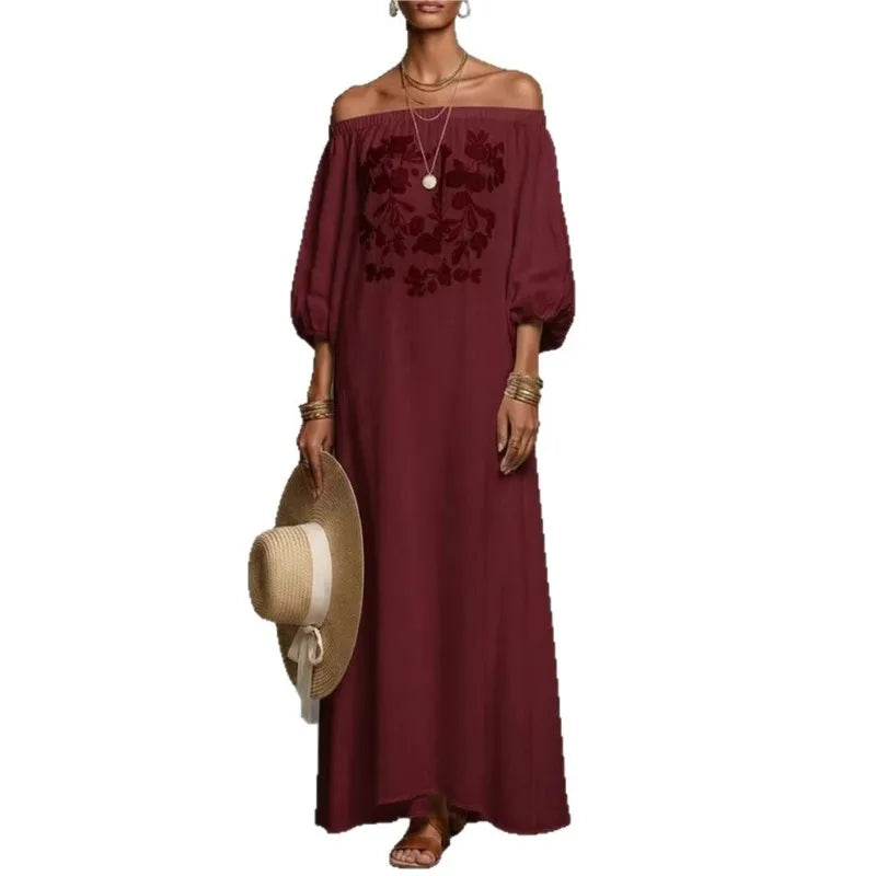 Vacation One Shoulder Linen Bohemian Dress for Women Sleeve