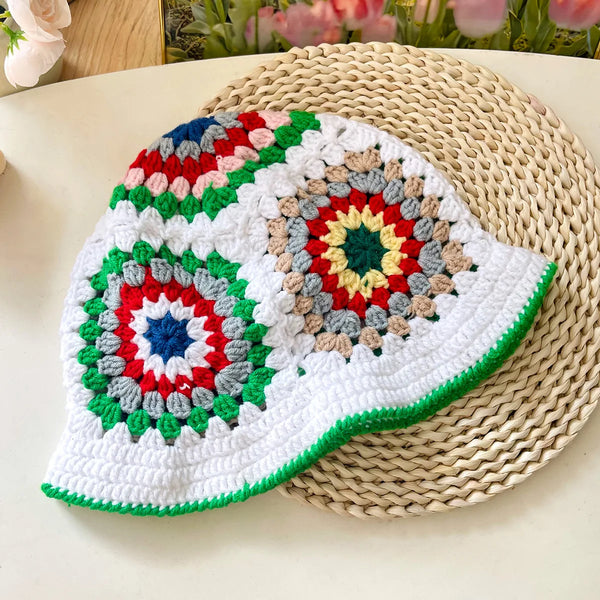 Women Muticolor Crochet Korean Handmade Bucket Hat Women Weaving Knitted Hat Y2k Fashion Flowers Autumn Winter Beanies Basin Cap