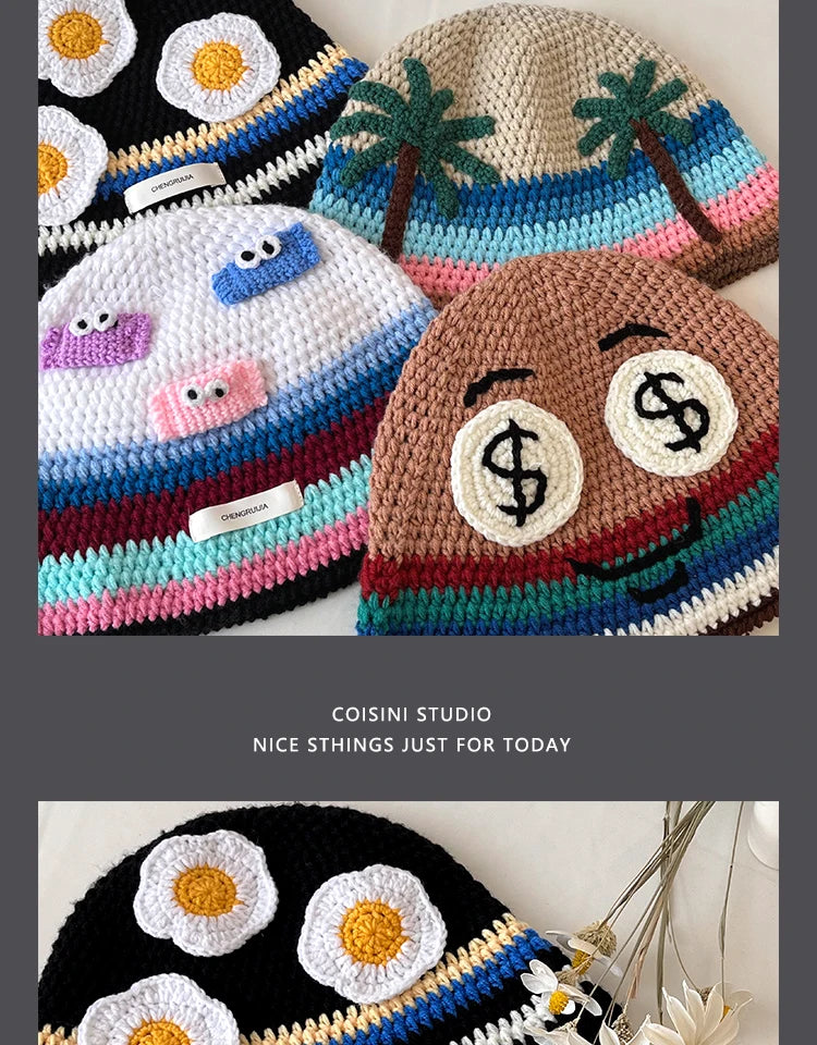 Cute Cartoon Knitted Bucket Hat for Women Men Fashion