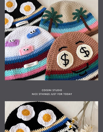 Cute Cartoon Knitted Bucket Hat for Women Men Fashion