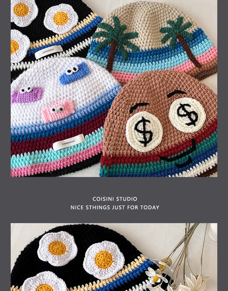 Ins Cute Cartoon Contrasting Color Knitted Bucket Hats Men Spring and Autumn Travel Photo Fashion Versatile Sweet Woman's Cap