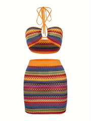 Vacation Tribal Knit Slim Skirt Set Crop Keyhole Halter Neck Top  High Waist Bodycon Slim Skirt Outfits Women's Clothing