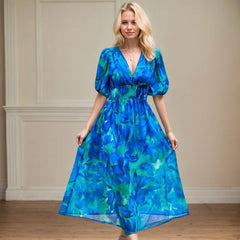 Beach Vacation Casual Floral Dresses Spring Summer New Fashion Lantern Sleeve Chiffon Long Dress French Gentle Slim Fit Sundress