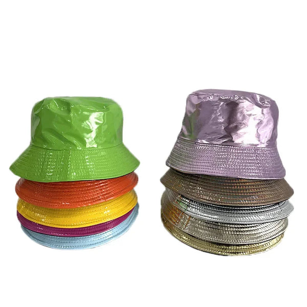Fashion Shiny Hip-Hop Bucket Hat for Women Men PU Leather Waterproof Panama Cap Summer Fisherman Cap Bob Sun Hat Fishing Cap