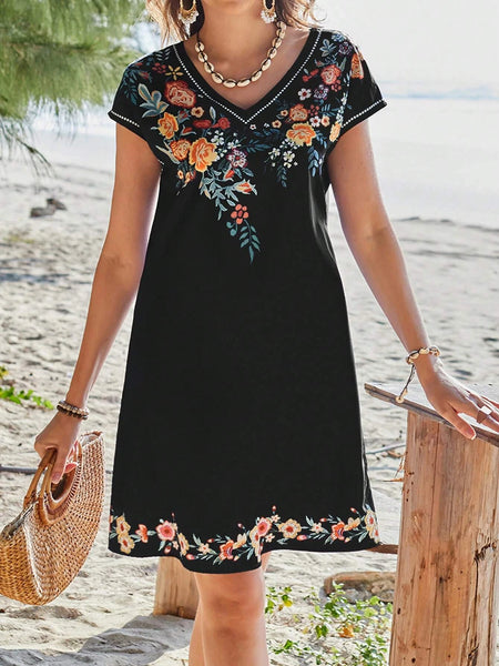 Women's Summer Vacation V Neck Floral Print Short Sleeve Dress, Casual Holiday, Elegant Ladies Fashion Clothing