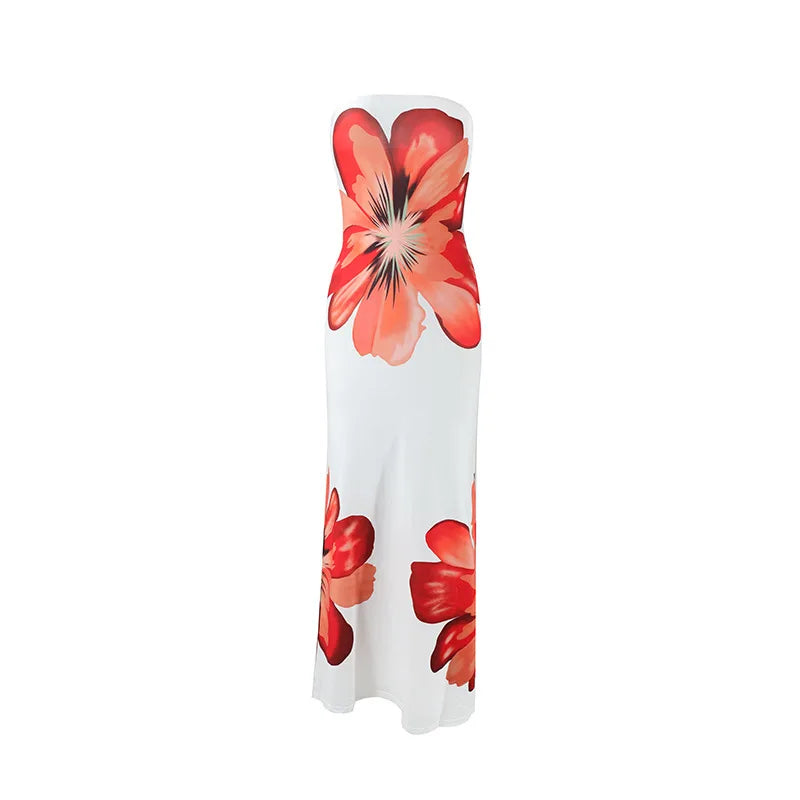 Fashion Milk Silk Fabric Floral Print Sexy Long Dresses Elegant Backless Bodycon High Waist Midi Dress 2025 Summer Vacation Boho