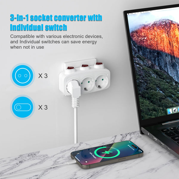 EU Electrical Sockets Extension Outlet With ON/OFF Switch Schuko Germany Standard Mulit Plug Wall Converter Power Adapter