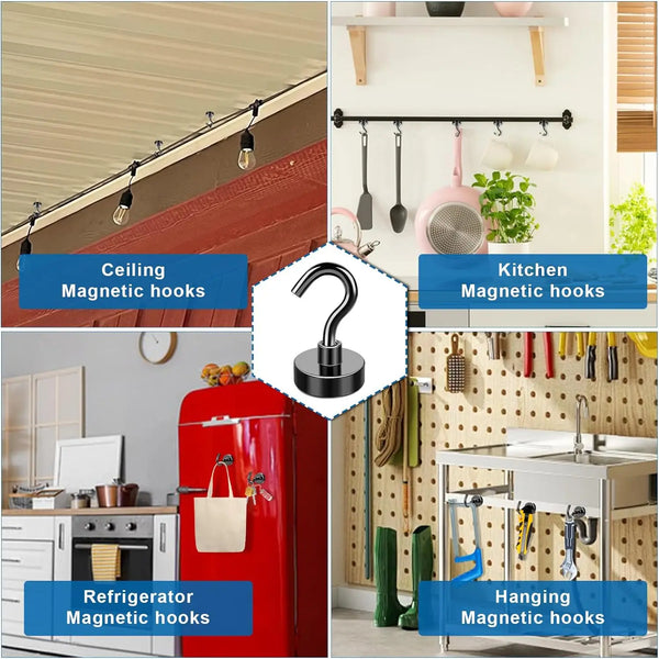 Magnetic Hooks,  Black Magnet Hooks Strong Neodymium Magnets with Hooks, Small Metal Magnetic Hooks for Refrigerator，Locker