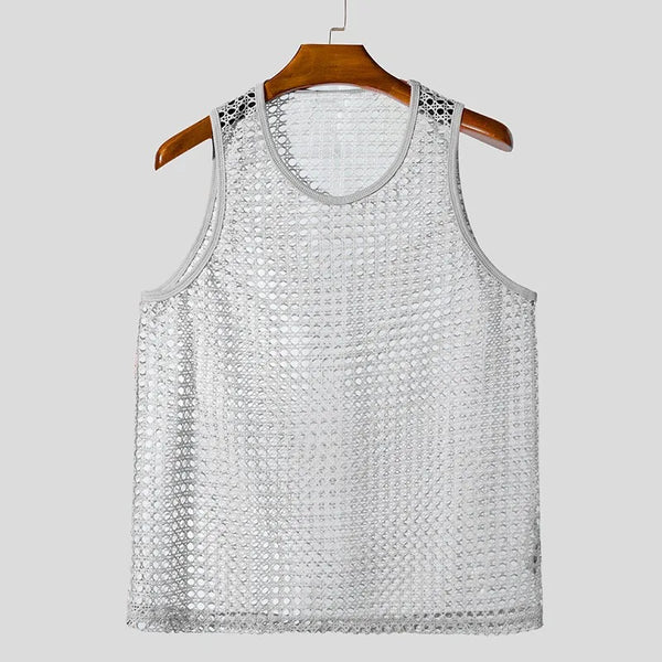 New American Style Fashion Men Tops Popular Vacation Hollow Out Mesh Vests Sexy Casual Sleeveless Tank Tops S-2XL 2025 Summer