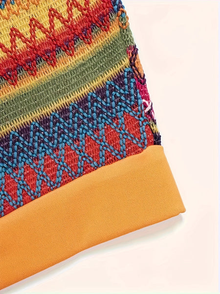 Vacation Tribal Knit Slim Skirt Set Crop Keyhole Halter Neck Top  High Waist Bodycon Slim Skirt Outfits Women's Clothing