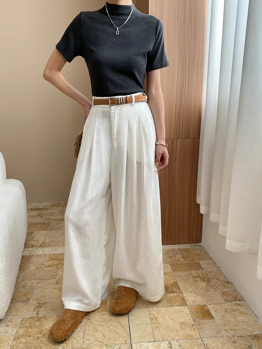 Lightweight travel comfort semi elastic high waist slimming casual wide leg pants