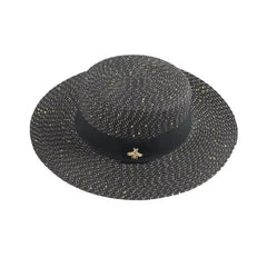 Ladies Sun Fedora Hats Small Bee Shiny Straw Hat European American Retro Gold Braided Female Sunshade Flat Sequins Hat