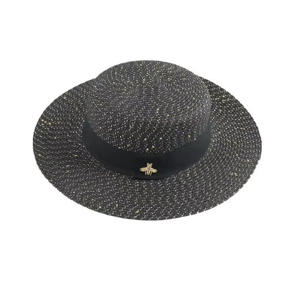 Ladies Sun Fedora Hats Small Bee Shiny Straw Hat European American Retro Gold Braided Female Sunshade Flat Sequins Hat