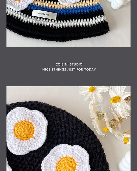 Ins Cute Cartoon Contrasting Color Knitted Bucket Hats Men Spring and Autumn Travel Photo Fashion Versatile Sweet Woman's Cap