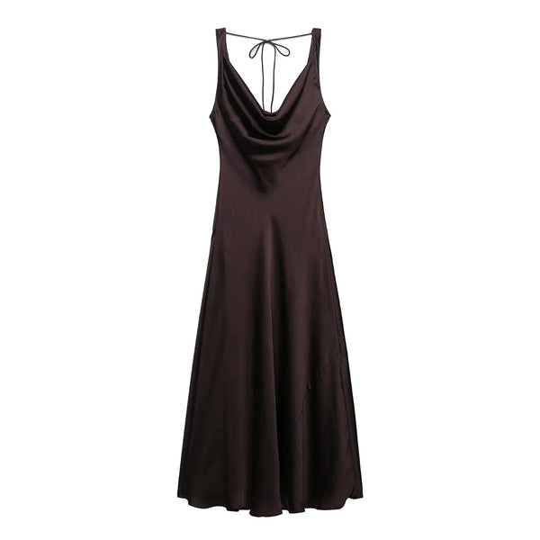 HH Women's Summer Vacation Style V-neck Satin Texture Dress Female Elegant Sexy Solid Backless Lace-up Strap Midi Dress