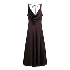 HH Women's Summer Vacation Style V-neck Satin Texture Dress Female Elegant Sexy Solid Backless Lace-up Strap Midi Dress