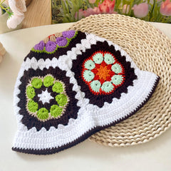 Women Muticolor Crochet Korean Handmade Bucket Hat Women Weaving Knitted Hat Y2k Fashion Flowers Autumn Winter Beanies Basin Cap