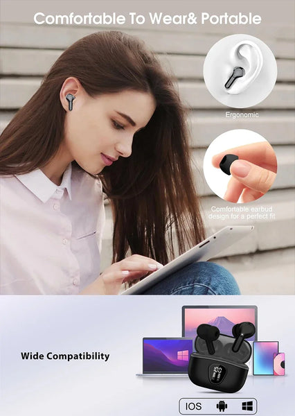 UYUXIO BT5.4 Wireless Ear Buds with LED Display HiFi Stereo Earbuds Headphones with IP7 Waterproof ENC Noise Cancelling Earphone