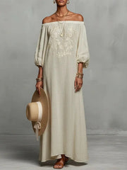Vacation Elegant One Shoulder Linen Dress 2026 Sexy Backless Loose Bohemian Dress Fashion Print Long Sleeves Long Party Dresses