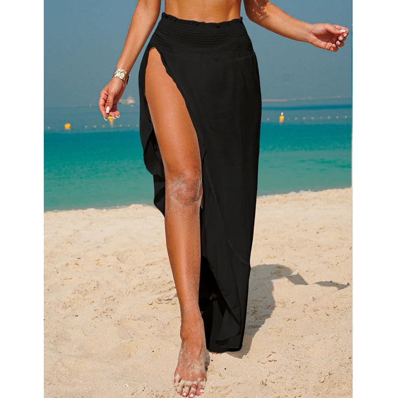 Fashion Simple Irregular Hem Beach Vacation Cover-Up Skirt, Solid Color Transparent Side Slit Half Skirt, Casual Style