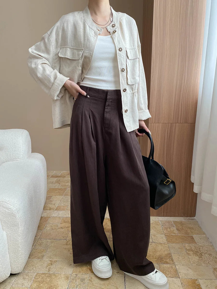 Lightweight travel comfort semi elastic high waist slimming casual wide leg pants