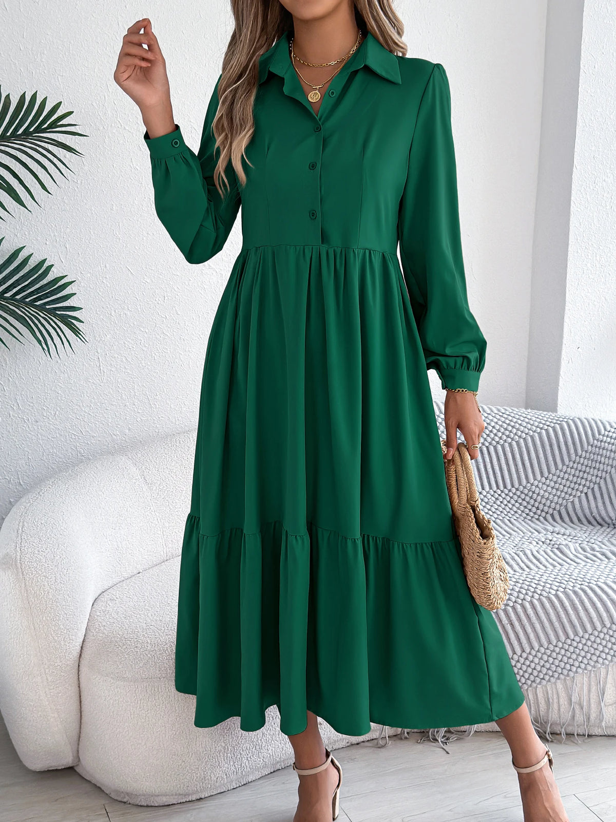 Casual Vacation Long Sleeved Turn-down Collar Single-Breasted Dress Spring Autumn Fashion Women&