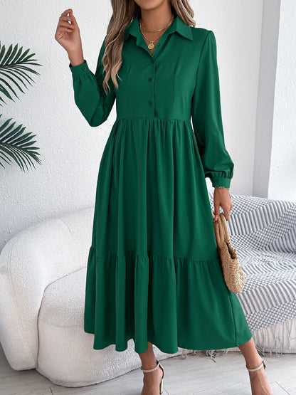 Casual Vacation Long Sleeved Turn-down Collar Single-Breasted Dress Spring Autumn Fashion Women&