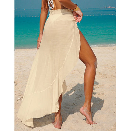 Fashion Simple Irregular Hem Beach Vacation Cover-Up Skirt, Solid Color Transparent Side Slit Half Skirt, Casual Style