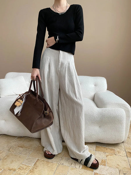 Lightweight travel comfort semi elastic high waist slimming casual wide leg pants