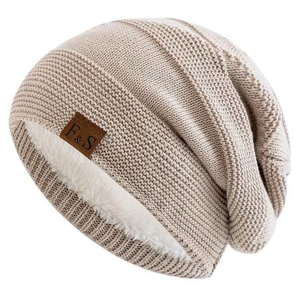 New Unisex Slouchy Winter Hats Add Fur Lined Men And Women Warm Beanie Cap Casual Label Decor Winter Knitted Hats