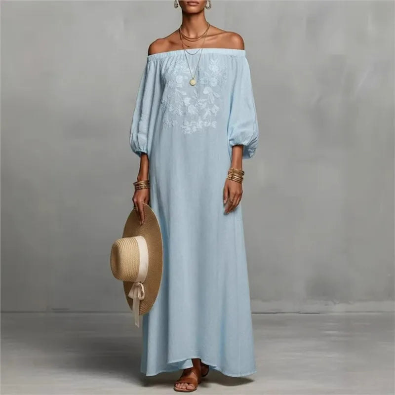 Vacation One Shoulder Linen Bohemian Dress for Women Sleeve