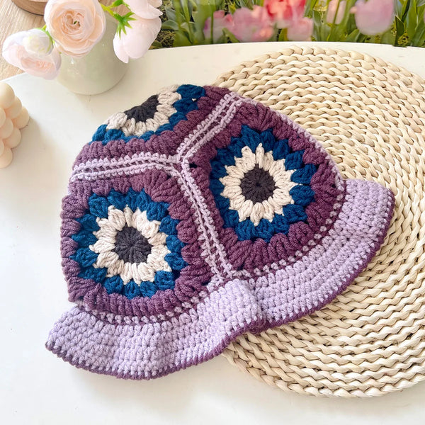Women Muticolor Crochet Korean Handmade Bucket Hat Women Weaving Knitted Hat Y2k Fashion Flowers Autumn Winter Beanies Basin Cap