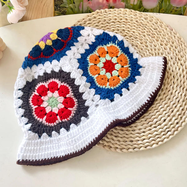 Women Muticolor Crochet Korean Handmade Bucket Hat Women Weaving Knitted Hat Y2k Fashion Flowers Autumn Winter Beanies Basin Cap