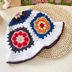 Women Muticolor Crochet Korean Handmade Bucket Hat Women Weaving Knitted Hat Y2k Fashion Flowers Autumn Winter Beanies Basin Cap