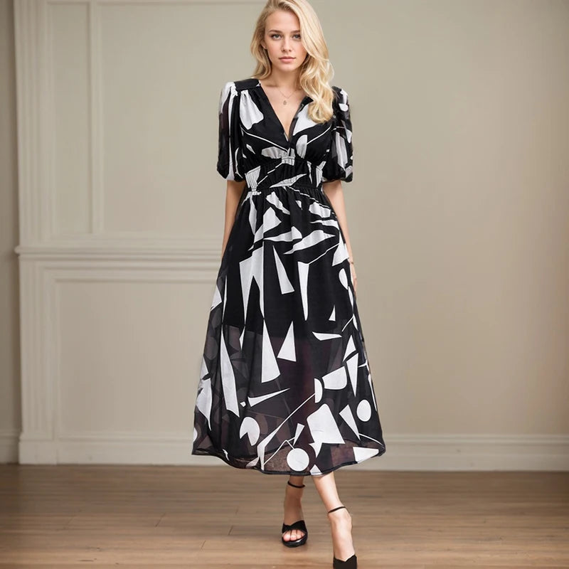 Beach Vacation Casual Floral Dresses Spring Summer New Fashion Lantern Sleeve Chiffon Long Dress French Gentle Slim Fit Sundress