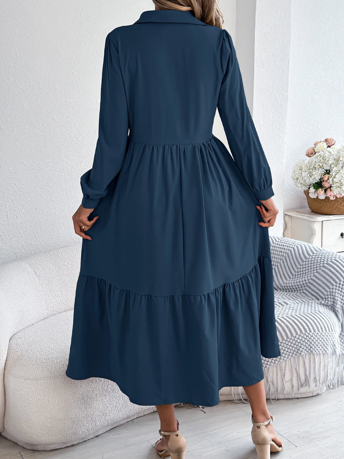 Casual Vacation Long Sleeved Turn-down Collar Single-Breasted Dress Spring Autumn Fashion Women&