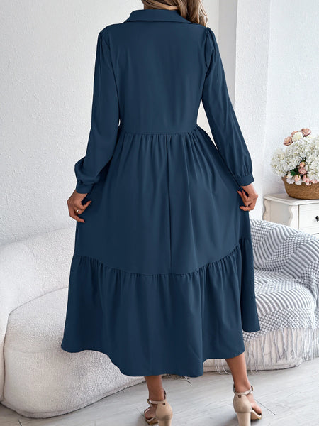 Casual Vacation Long Sleeved Turn-down Collar Single-Breasted Dress Spring Autumn Fashion Women's Clothing