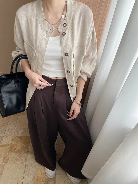 Lightweight travel comfort semi elastic high waist slimming casual wide leg pants