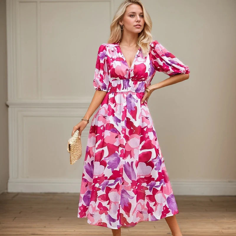 Beach Vacation Casual Floral Dresses Spring Summer New Fashion Lantern Sleeve Chiffon Long Dress French Gentle Slim Fit Sundress