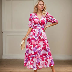 Beach Vacation Casual Floral Dresses Spring Summer New Fashion Lantern Sleeve Chiffon Long Dress French Gentle Slim Fit Sundress