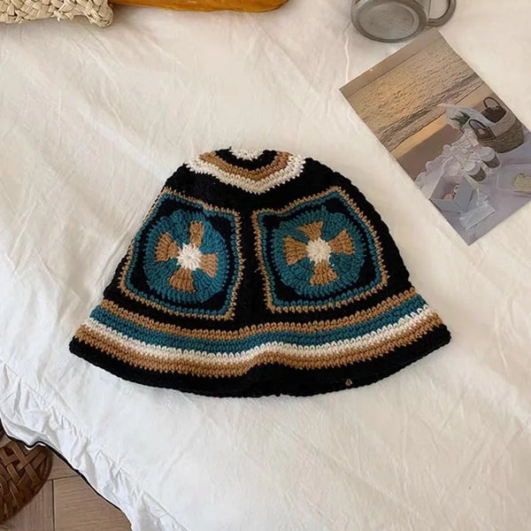 Women Muticolor Crochet Korean Handmade Bucket Hat Women Weaving Knitted Hat Y2k Fashion Flowers Autumn Winter Beanies Basin Cap