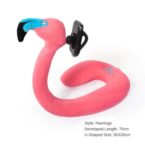 Travel Pillow with Mobile Phone Holder Lazy U-shaped Neck Support Cartoon Pillow with 360 Flexible Rotating Mobile Phone Holder