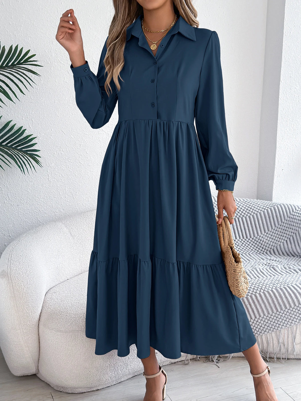 Casual Vacation Long Sleeved Turn-down Collar Single-Breasted Dress Spring Autumn Fashion Women&