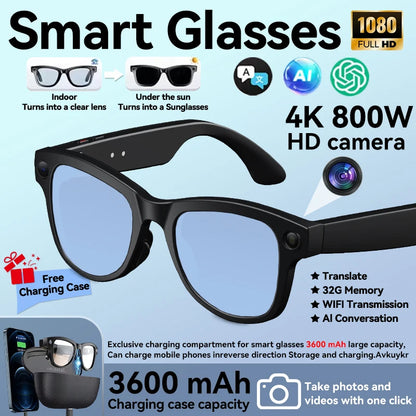 2026 New AI Smart Glasses 800W Camera 4K Ultra HD Video Recording Translation 3600mAh Charging Case AI Conversation 32GB Storage
