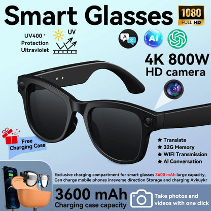 2026 New AI Smart Glasses 800W Camera 4K Ultra HD Video Recording Translation 3600mAh Charging Case AI Conversation 32GB Storage