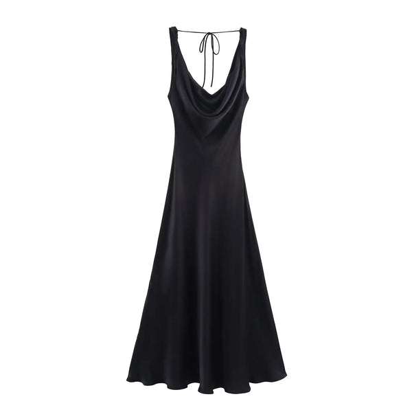 HH Women's Summer Vacation Style V-neck Satin Texture Dress Female Elegant Sexy Solid Backless Lace-up Strap Midi Dress