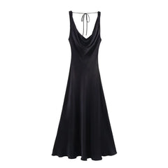 HH Women's Summer Vacation Style V-neck Satin Texture Dress Female Elegant Sexy Solid Backless Lace-up Strap Midi Dress